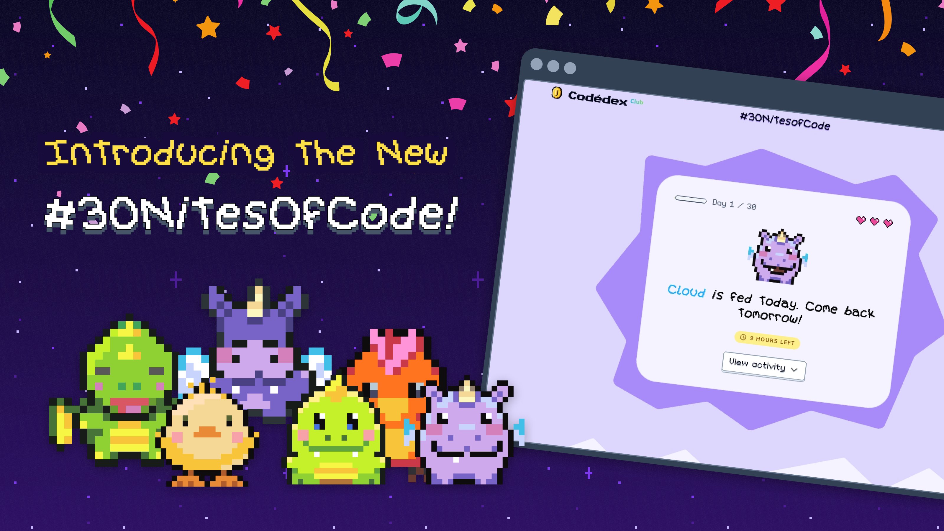 codedex_io's tweet card. We made some HUGE updates to #30NitesOfCode, our 30-day challenge of learning and building! Take a look at what's new~ 🐣