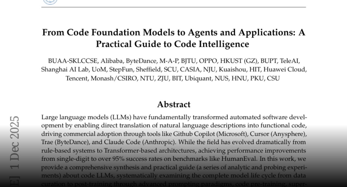 HuggingPapers's tweet card. Paper page - From Code Foundation Models to Agents and Applications: A Practical Guide to Code...