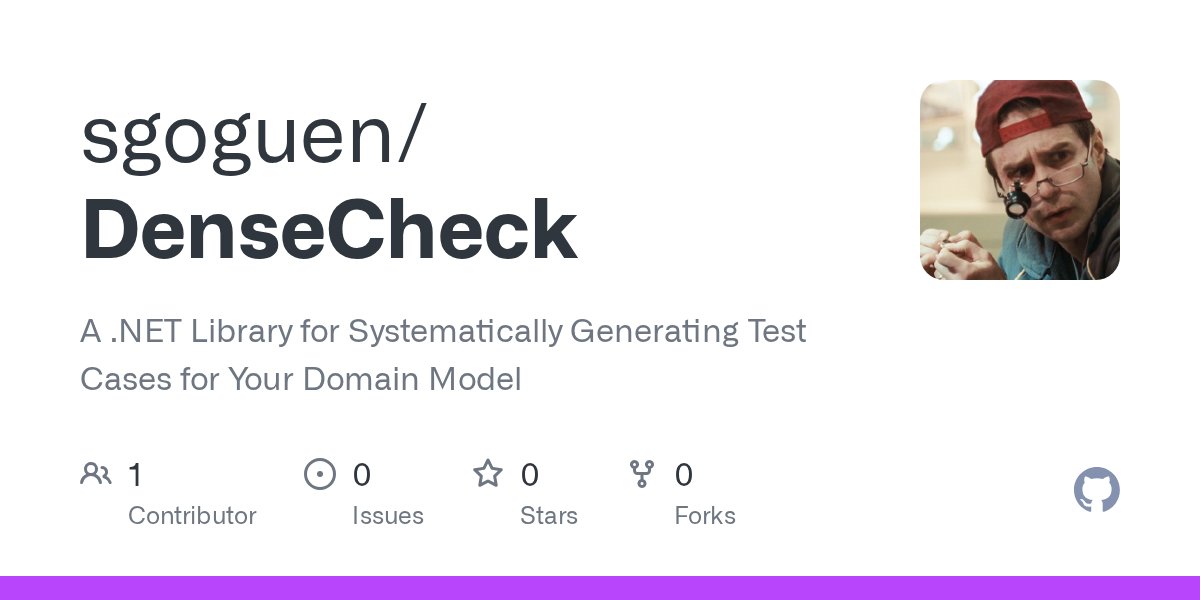 sgoguen's tweet card. A .NET Library for Systematically Generating Test Cases for Your Domain Model - sgoguen/DenseCheck