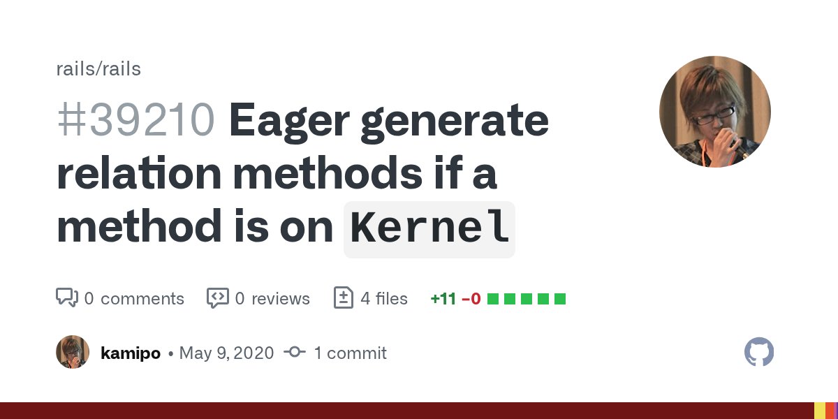 _rails's tweet card. Follow up of #34122. Relation method call is relying on method_missing, but if Kernel has the same named method (e.g. open, etc), it will invoke Kernel's method since method_missing is not ...