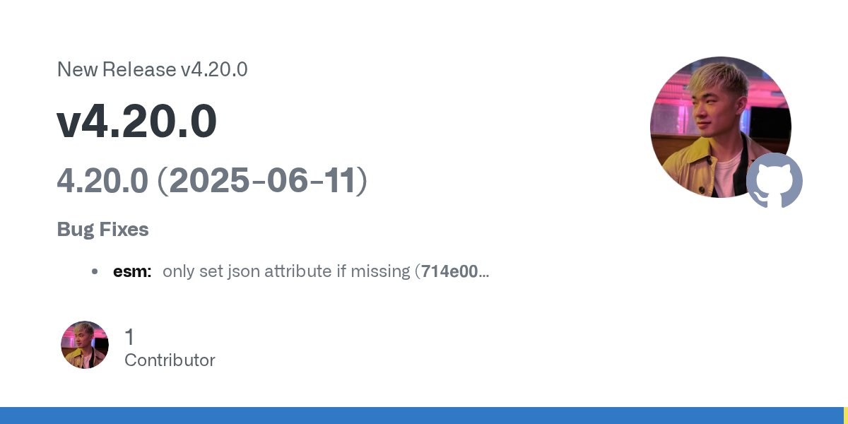 tsx_is's tweet card. 4.20.0 (2025-06-11) Bug Fixes esm: only set json attribute if missing (714e00b) Features support latest Node versions (ec316d3) This release is also available on: npm package (@latest dist-tag)
