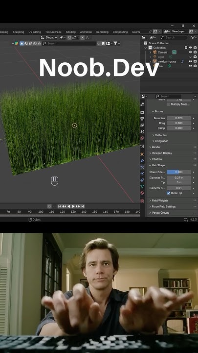 TM88_Ace's tweet card. Noob vs Pro gamedev: creating grass #blendertutorial #blender...