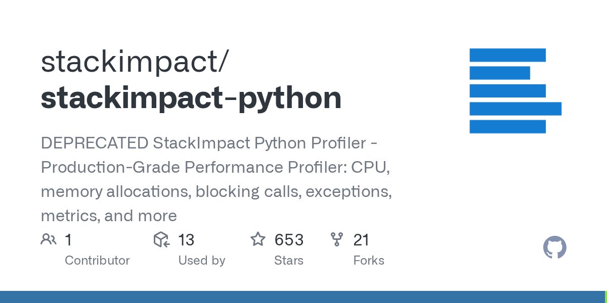 TrendingGithub's tweet card. DEPRECATED StackImpact Python Profiler - Production-Grade Performance Profiler: CPU, memory allocations, blocking calls, exceptions, metrics, and more - stackimpact/stackimpact-python