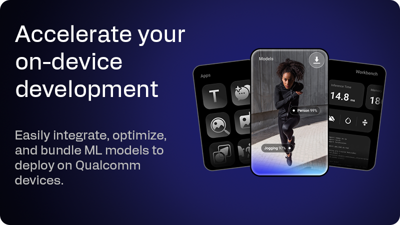 Qualcomm's tweet card. The platform for on-device AI, with optimized open source and licensed models, or bring your own. Validate performance on real Qualcomm devices.