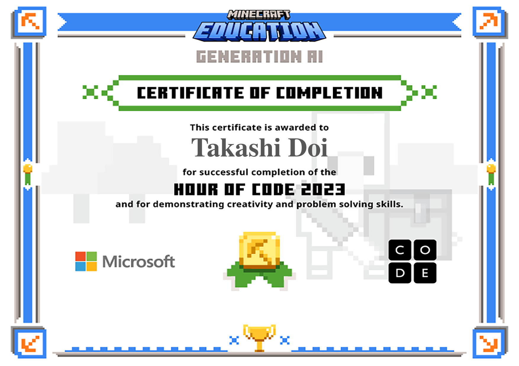 takashidoi's tweet card. Certificate for completion of One Hour of Code