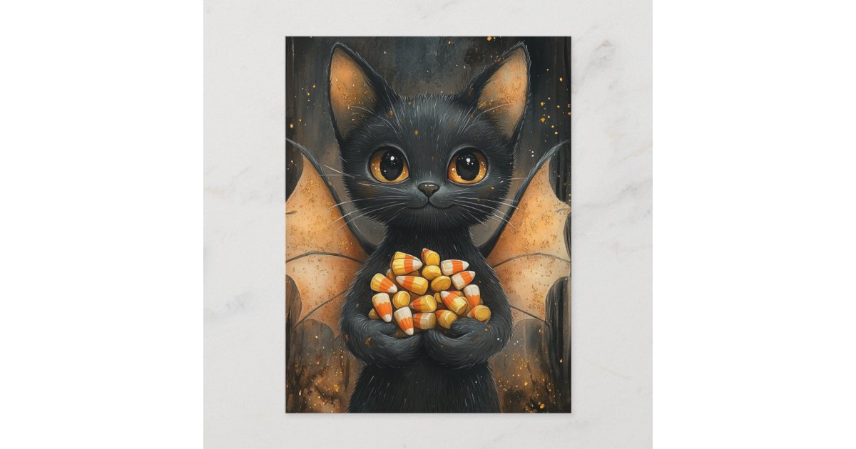 angelandspot's tweet card. A funny bat cat hybrid critter with Halloween candy