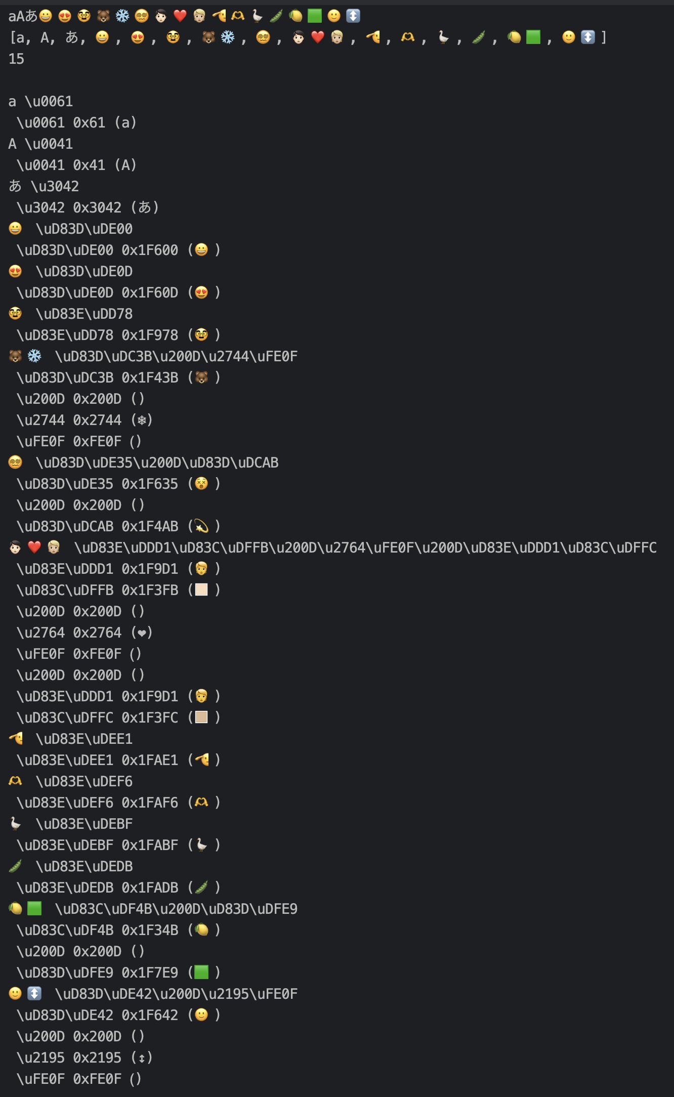 maochanz's tweet card. 絵文字 は AndroidStudio 上で扱いづらいですよね。 例えば、 "😀😍" という2つの絵文字は、 "\uD83E\uDD78" + "\uD83D\uDC3B\u200D\u2744\uFE0F" と書く方が編集しやすいです。（しかし分かりづらい。） 絵文字をコピーして Android Studio 上でペーストすると、 \uXXXX\uXXXX のような「UTF-16...
