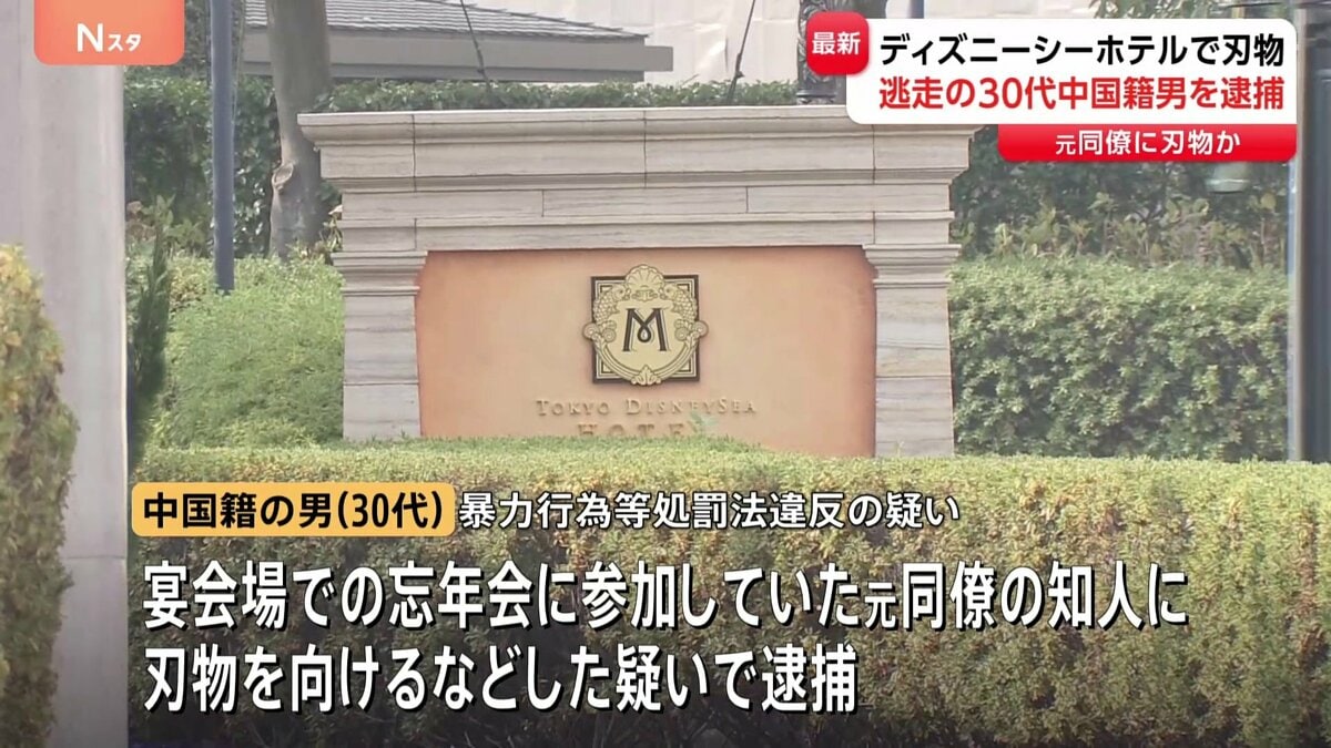tdr_doria's tweet card. きのう夜、東京ディズニーシーのホテルミラコスタの宴会場に男が刃物を持って侵入し逃走した事件で、警察は逃げていた30代の中国籍の男を逮捕しました。記者「きのう夜、ホテルミラコスタに刃物を持った男が侵入し…