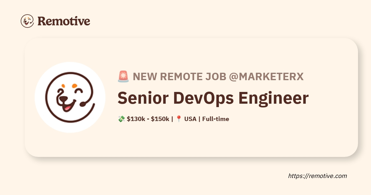 remotiveio's tweet card. Nov 18, 2025 - Marketerx is hiring a remote Senior DevOps Engineer. 💸 Salary: $130k - $150k. 📍Location: USA.