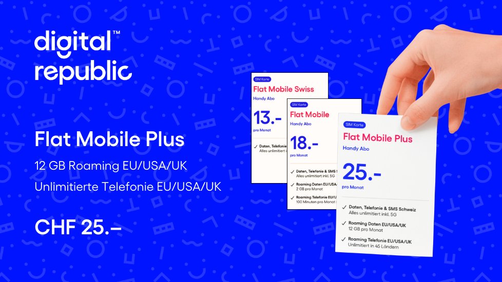 DigitRep's tweet card. Flat Mobile Plus komplettiert unser Handy Abo Angebot mit sattem Inklusiv-Roaming für CHF 25.–. Ideal für Vielreisende oder Digital Nomads!