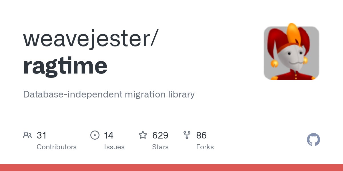 robotsthatkill's tweet card. Database-independent migration library. Contribute to weavejester/ragtime development by creating an account on GitHub.