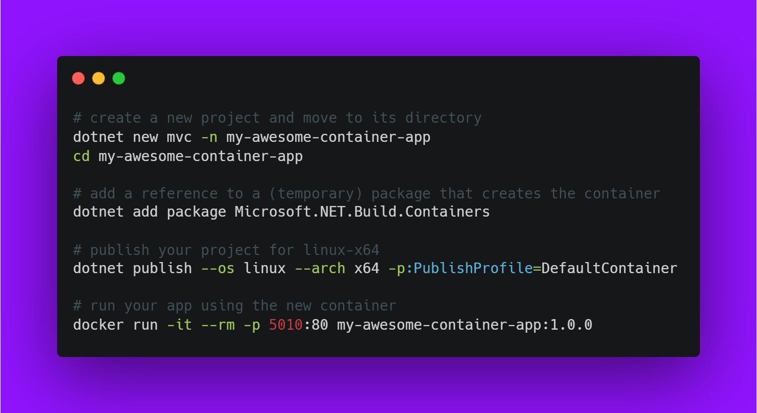 ChetHusk's tweet card. The .NET 7 SDK can easily build containers from your existing applications through new container image building support.
