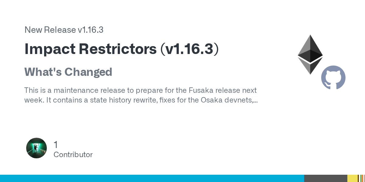 go_ethereum's tweet card. What's Changed This is a maintenance release to prepare for the Fusaka release next week. It contains a state history rewrite, fixes for the Osaka devnets, performance improvements, and a few b...