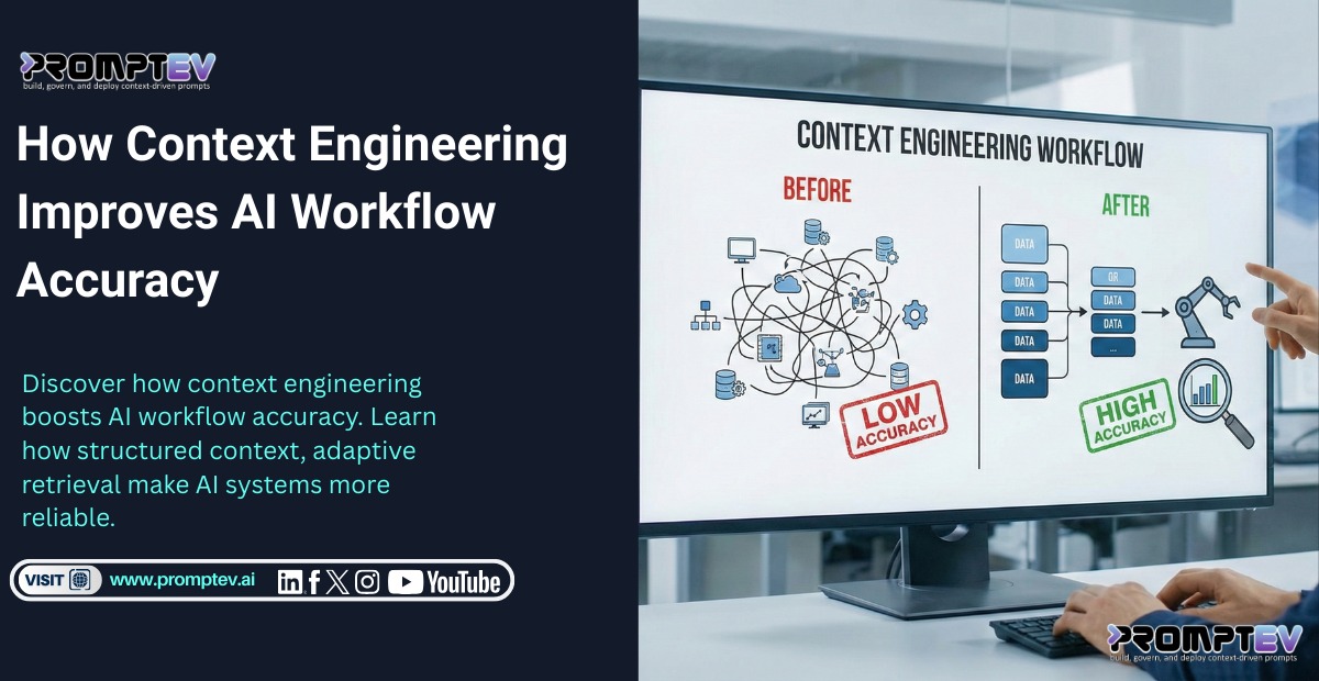 promptevai's tweet card. Discover how context engineering boosts AI workflow accuracy. Learn how structured context, adaptive retrieval make AI systems more reliable.