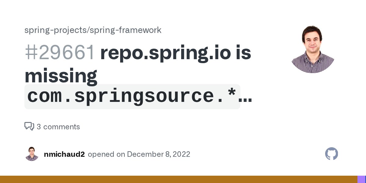 sam_brannen's tweet card. Not sure where to ask this, but it seems like some artifacts are no longer available on repo.spring.io. For example, this https://repo.spring.io/ui/native/plugins-release/com/fasterxml/com.springso...