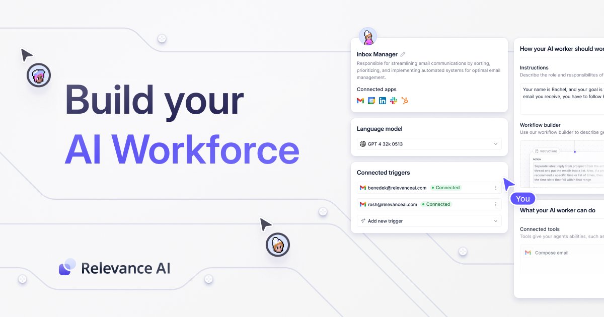 IntelliWebDev's tweet card. Relevance AI is the home of the AI Workforce. Enabling anyone to build autonomous AI teams and put their processes on autopilot.