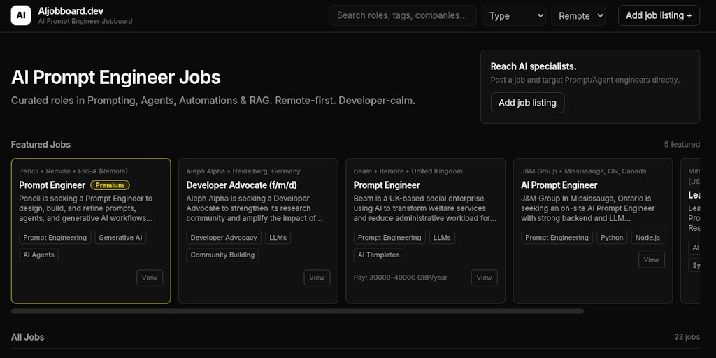 AIJobboarddev's tweet card. AIJobboard.dev is a hyper-focused job board specifically for prompt engineers, agent builders, and AI automation developers (Make.com, n8n, RAG, LLMs). Posting a job takes 60 seconds, one-click...