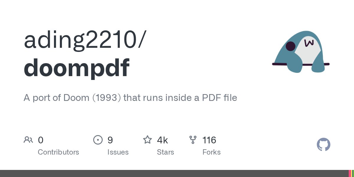 1casie's tweet card. A port of Doom (1993) that runs inside a PDF file. Contribute to ading2210/doompdf development by creating an account on GitHub.