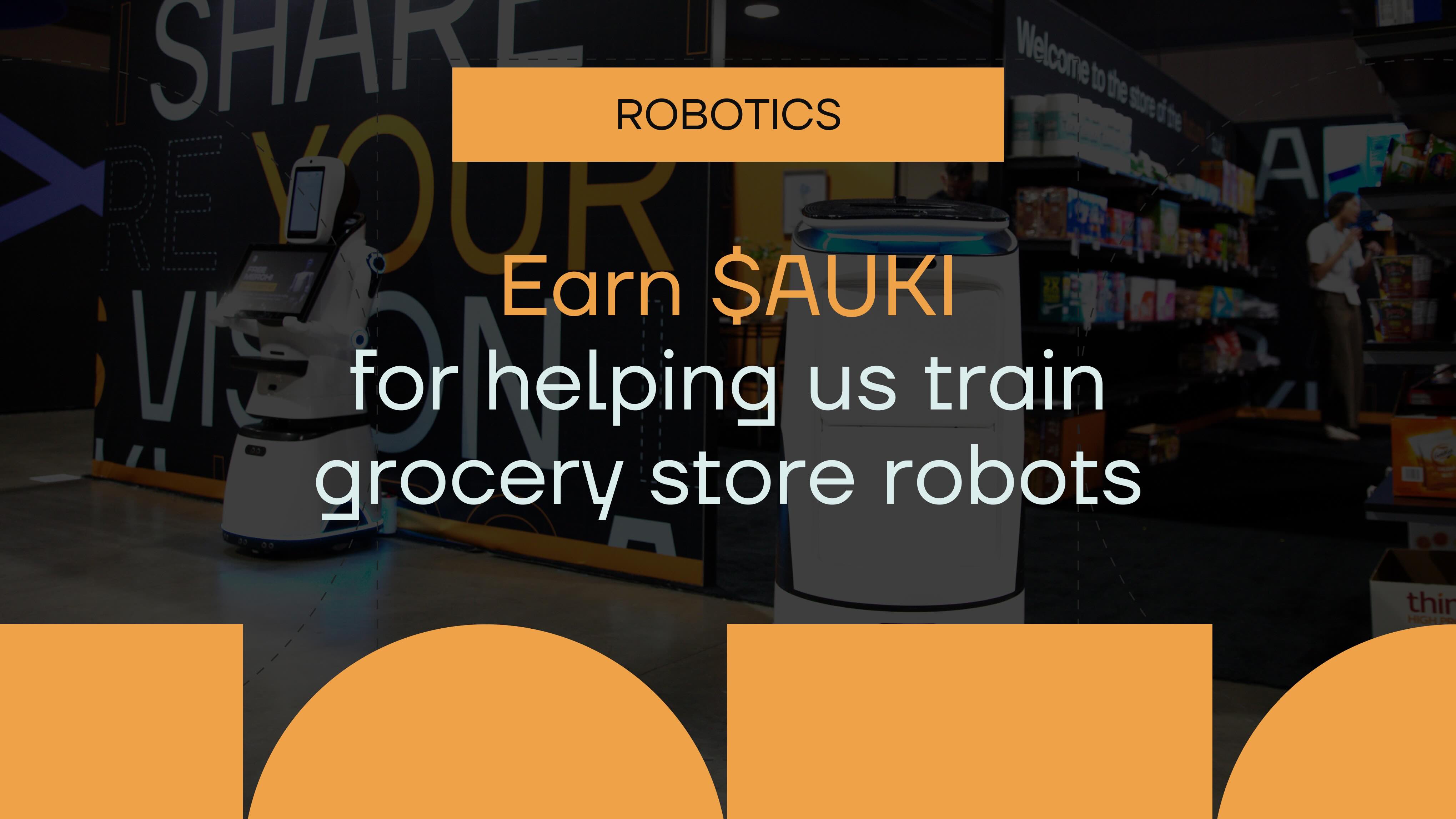 Auki's tweet card. Auki is preparing to deploy 500 grocery store robots in 2026. To train the customer guidance system, we’re inviting the community to contribute short audio clips of real shopper questions you would...