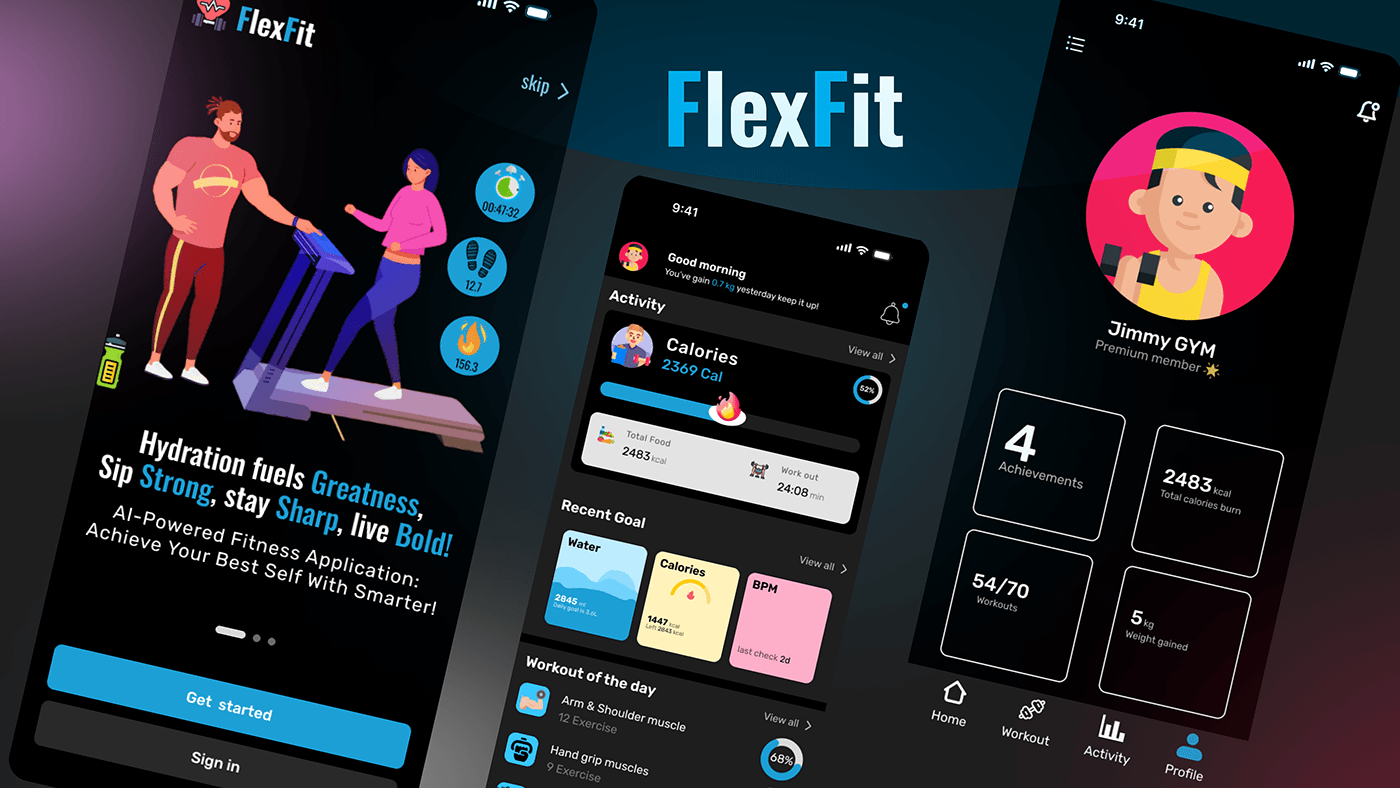 Angela_alt_ai's tweet card. FlexFit (GYM app design)