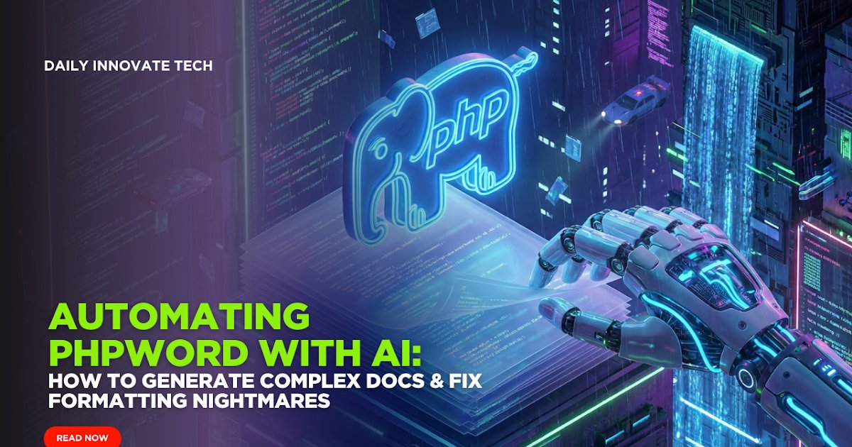 daily_innovate's tweet card. Stop struggling with PHPWord XML errors. Learn how to use AI and TemplateProcessor to generate complex DOCX files and fix "unreadable content" issues