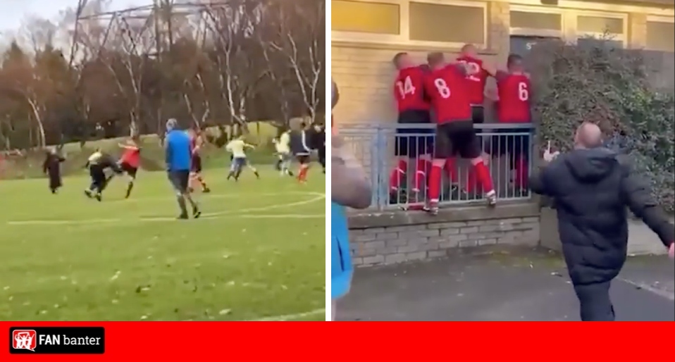 fan_banter's tweet card. Footage emerges with police called after shocking brawl between players outside changing rooms following a match Northern Ireland. Chaotic scenes played out after the Belfast District Football League...