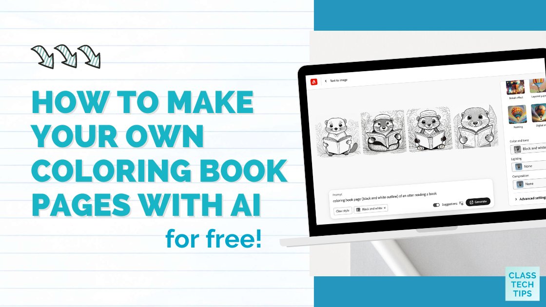 ClassTechTips's tweet card. Discover how to use AI to create custom coloring book pages! Learn easy steps and save time with generative AI tools in this quick guide.