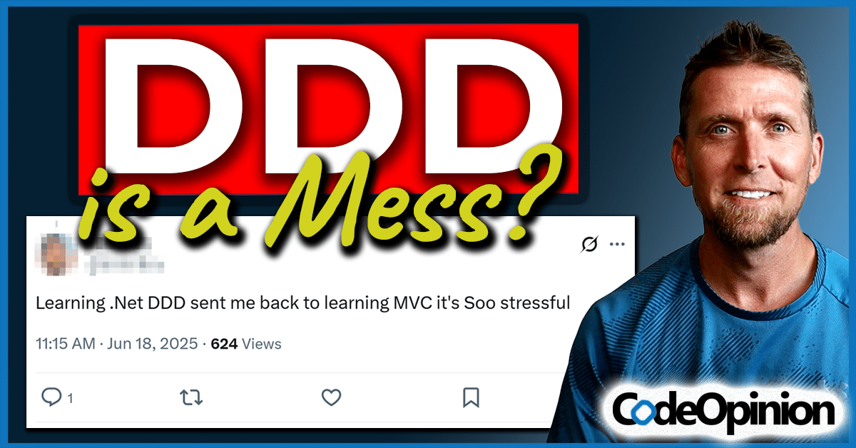 codeopinion's tweet card. Domain-Driven Design misconceptions often come from treating DDD like a checklist of patterns. It's focusing entirely on the wrong thing.