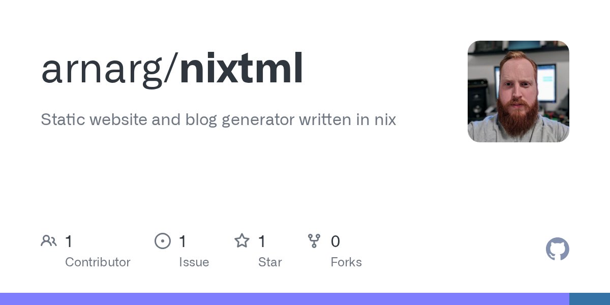 SalarRahmanian's tweet card. Static website and blog generator written in nix. Contribute to arnarg/nixtml development by creating an account on GitHub.