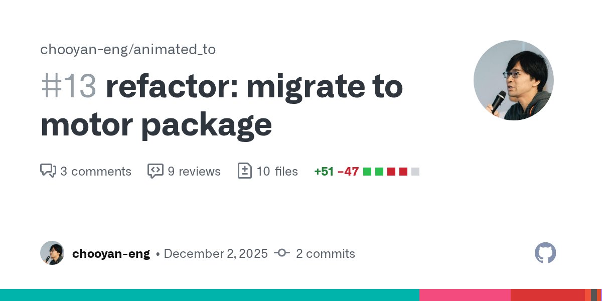 tsuyoshi_chujo's tweet card. close #11 migration from springster to motor Detail replace springster into motor replace SpringSimulationController2D to PolyMotionController SpringDescription is converted into Motion default Sp...