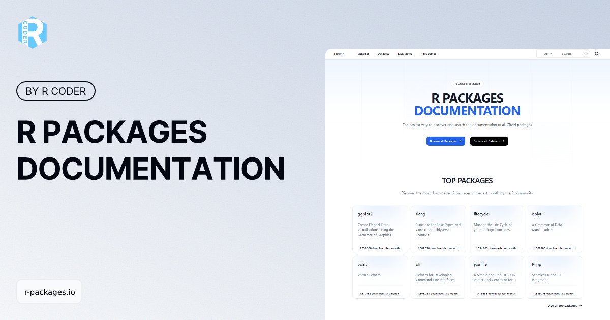 RCoderWeb's tweet card. Explore the documentation of all R packages available, including functions and datasets