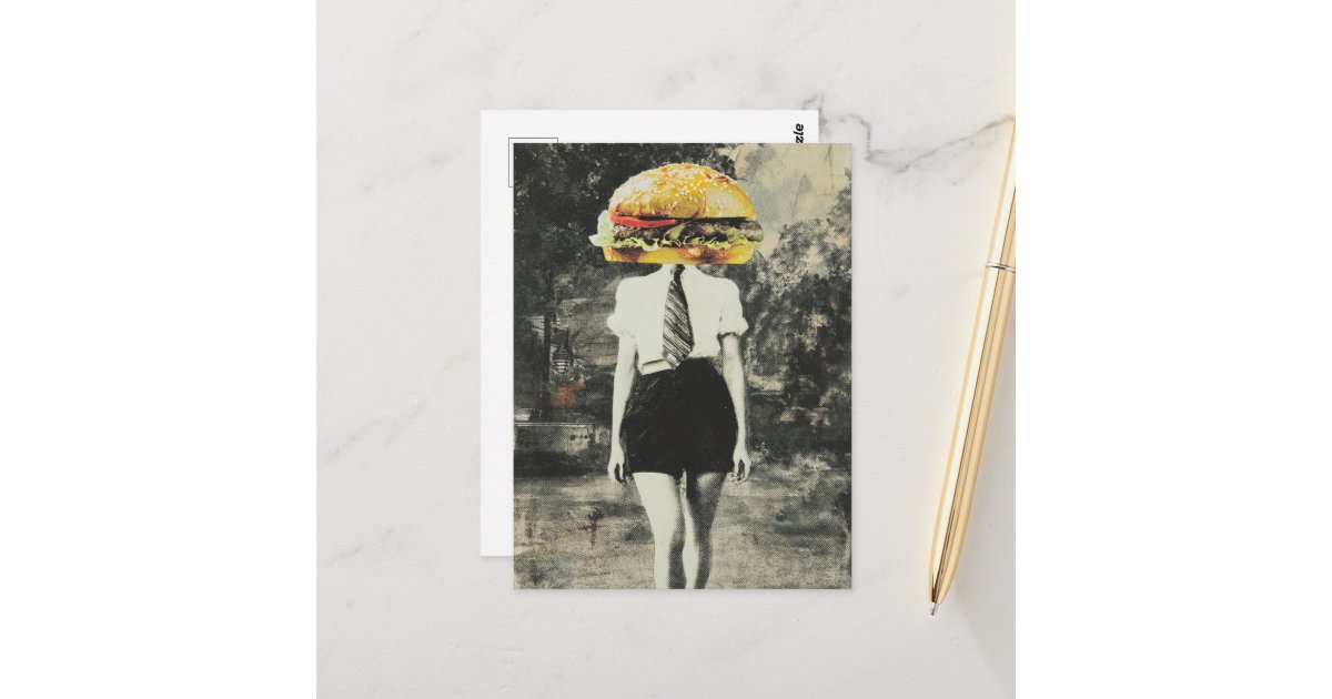 angelandspot's tweet card. A mixed media collage of a woman in a white shirt and striped tie and black shorts with a cheeseburger for a head surreal unique AI generated art by Angelandspot