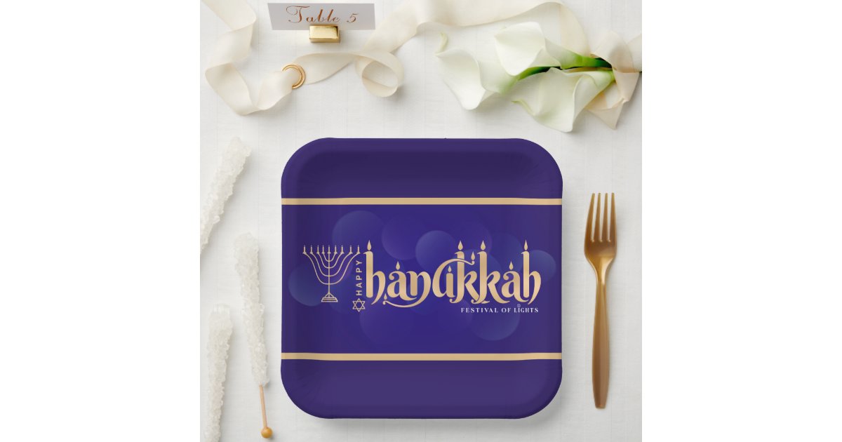 vibesofcolor2's tweet card. A Blue And Gold Happy Hanukkah Festive Of Lights Dinner Paper Plate
