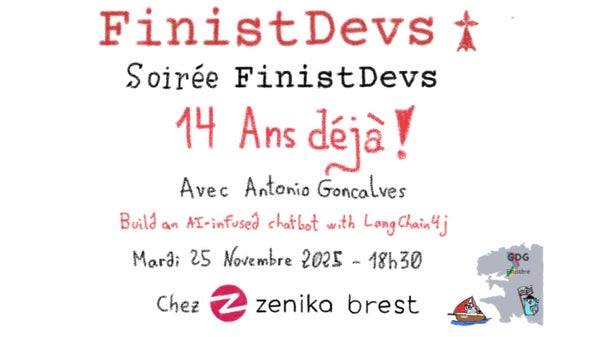 FinistDevs's tweet card. ### **FinistDevs – Soirée spéciale anniversaire : 14 ans déjà !** **Mardi 25 novembre – 18h30 – Zenika Brest** En novembre, on double la dose : voici notre **deuxième soi