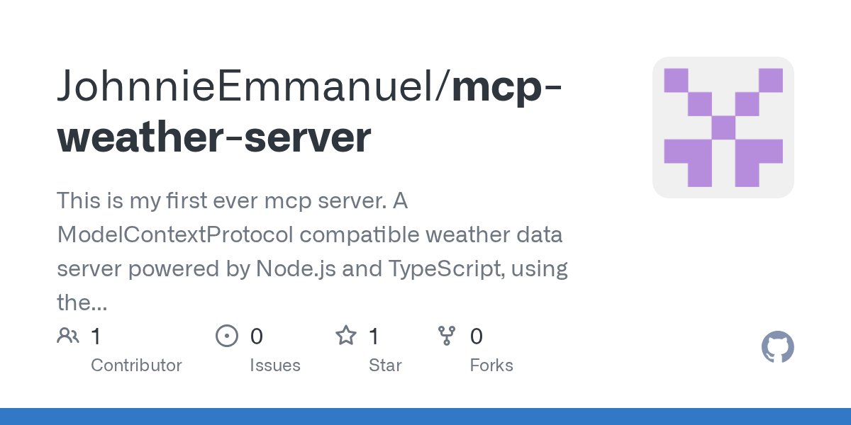 reddestjohn's tweet card. This is my first ever mcp server. A ModelContextProtocol compatible weather data server powered by Node.js and TypeScript, using the MCP SDK for standardized data transport. - JohnnieEmmanuel/mcp-w...
