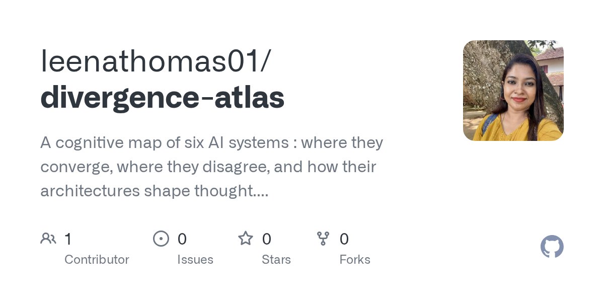 LeenaThomas01's tweet card. A cognitive map of six AI systems : where they converge, where they disagree, and how their architectures shape thought. The Divergence Atlas is a fully documented multi-model research experiment: ...