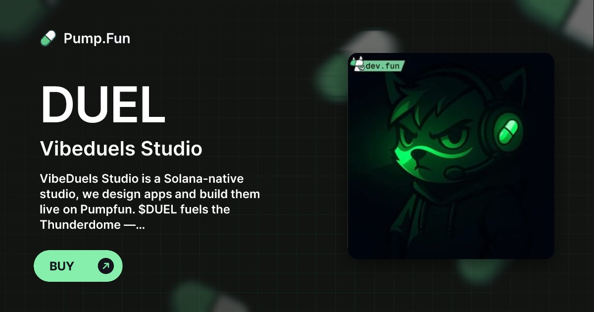 VibeDuels's tweet card. VibeDuels Studio is a Solana-native studio, we design apps and build them live on Pumpfun. $DUEL fuels the Thunderdome — our live coding streaming arena.