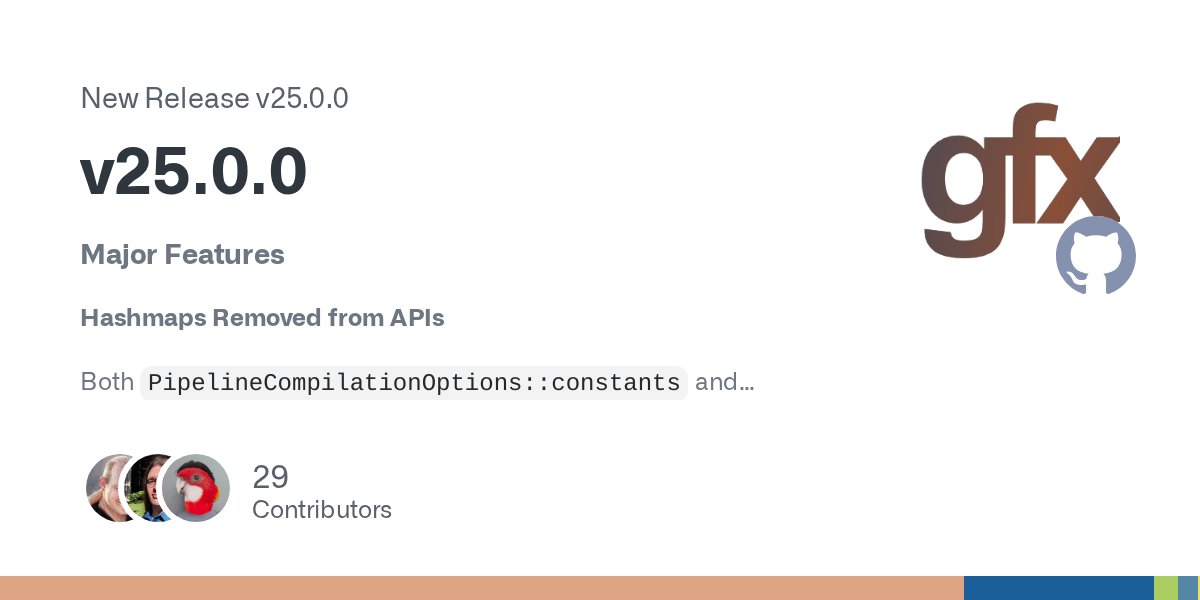 RustDiscussions's tweet card. Major Features Hashmaps Removed from APIs Both PipelineCompilationOptions::constants and ShaderSource::Glsl::defines now take slices of key-value pairs instead of hashmaps. This is to prepare for n...