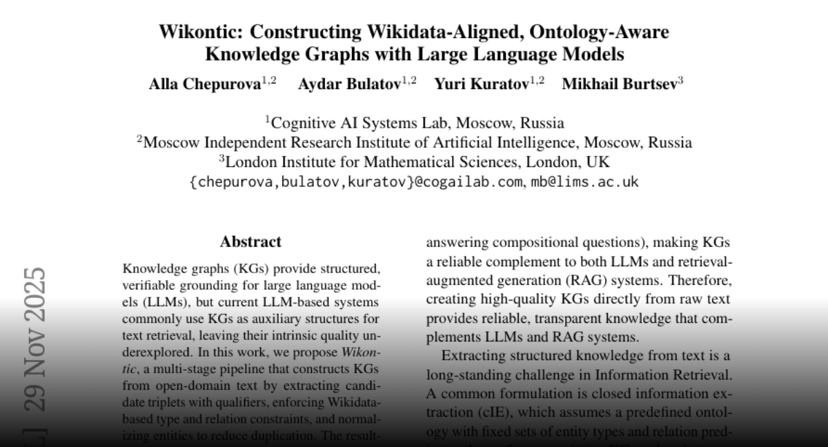 MikhailBurtsev's tweet card. Paper page - Wikontic: Constructing Wikidata-Aligned, Ontology-Aware Knowledge Graphs with Large...