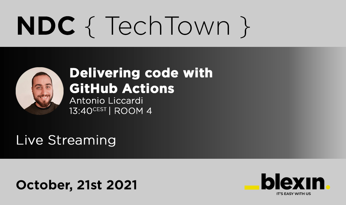 BlexinSrl's tweet card. At the Norwegian NDC Techtown conference our CTO talks about how to use Github Actions to distribute the code.