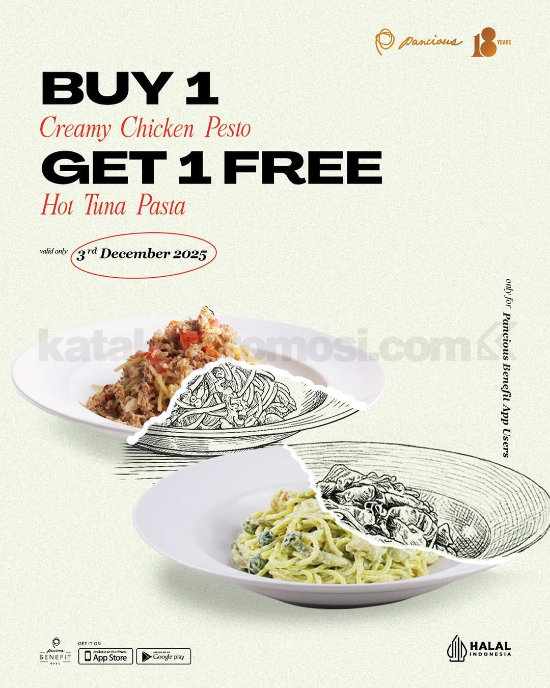 katalogpromosi's tweet card. Promo Pancious Buy 1 Get 1 Free berlaku hanya di tanggal 3 Desember 2025, khusus Pancious Benefit App Members, di semua outlet.