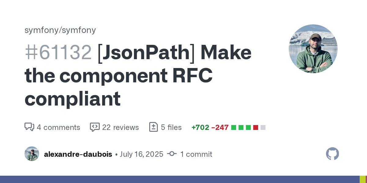 alexdaubois's tweet card. Q A Branch? 7.3 Bug fix? yes New feature? no Deprecations? no Issues - License MIT This PR makes the JsonPath component RFC compliant by removing all skipped tests of the complianc...