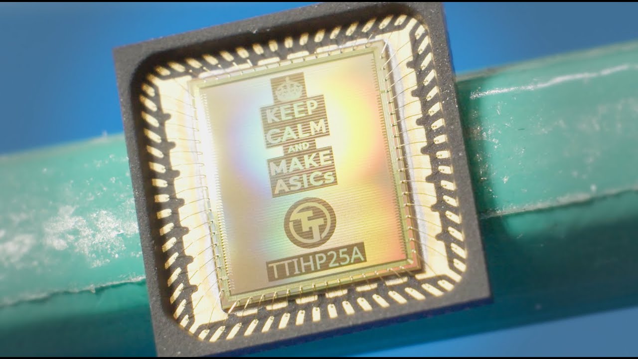 tinytapeout's tweet card. ASIC beauty shots - TT IHP 0p2 / 0p3 / 25A unboxing