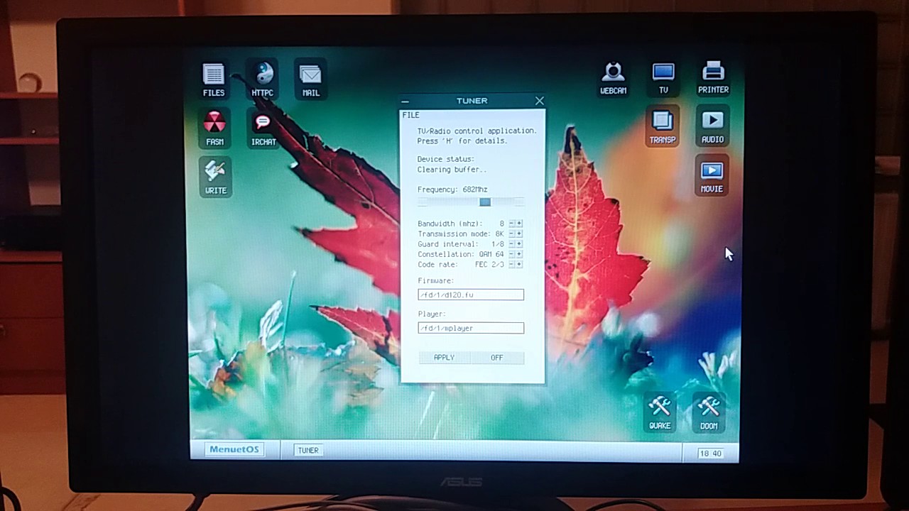 MenuetOS64bit's tweet card. MenuetOS (64bit, 100% asm) - Watching TV (dvb-t, mpeg-2, mp3)