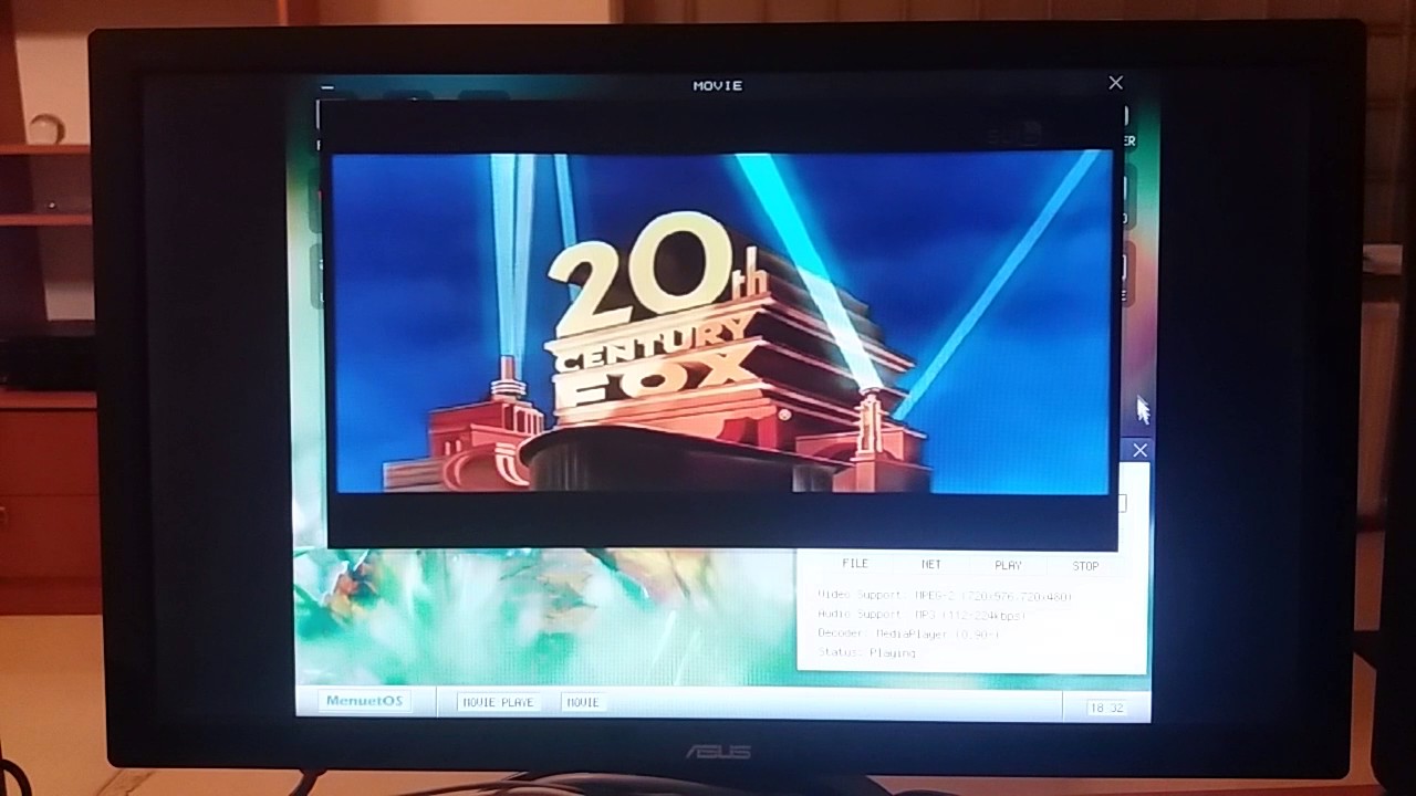 MenuetOS64bit's tweet card. MenuetOS (64bit, 100% asm) - Watching a video (mpeg-2, mp3)