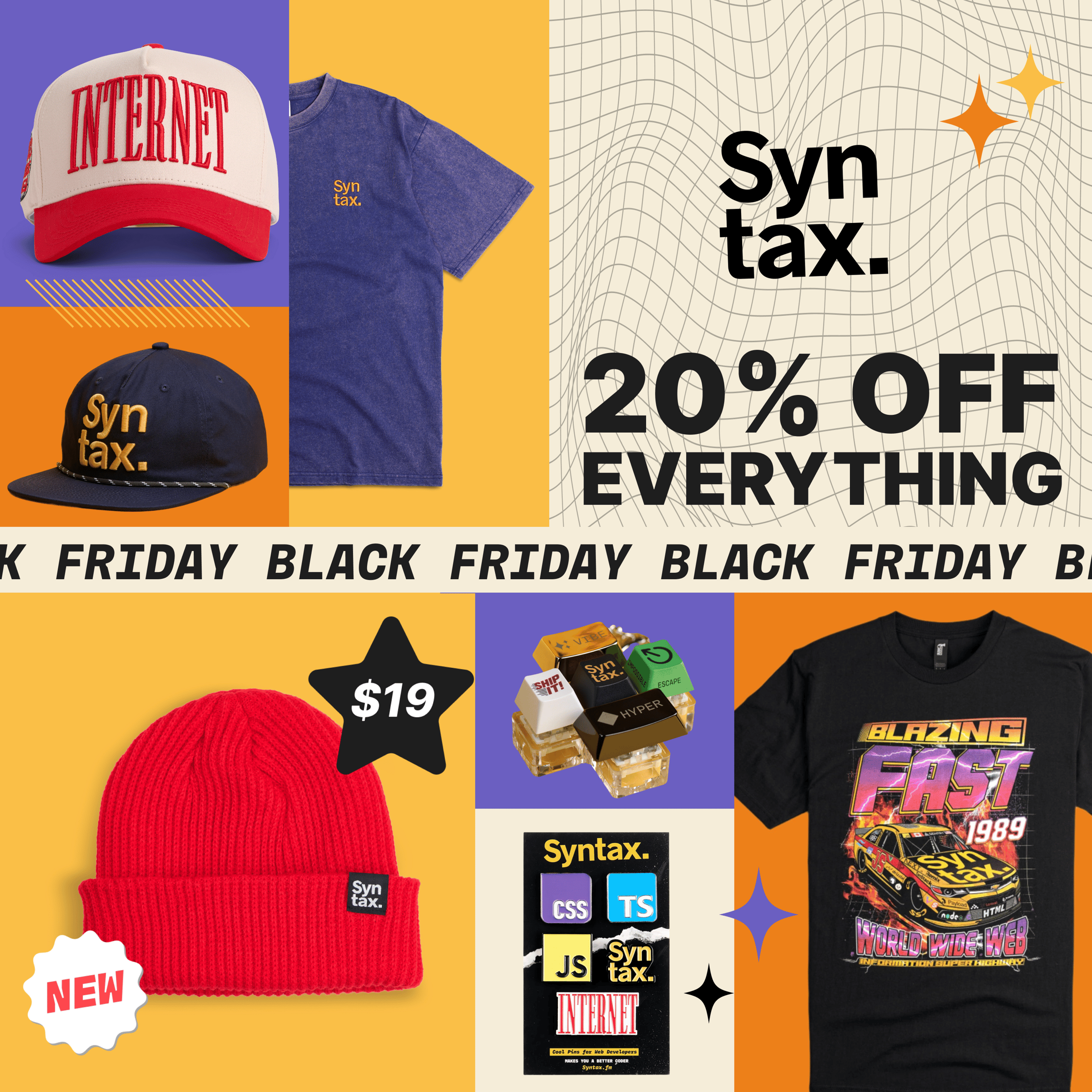 syntaxfm's tweet card. get 20% off all Syntax merch items by subscribing to our biweekly newsletter.