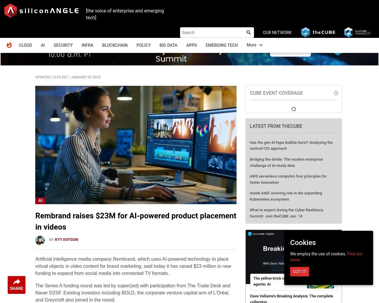 managetech_inc's tweet card. 要約： AIメディア企業のRembrandは、ビデオコンテンツに仮想オブジェクトを配置するAI技術を用いたブラ