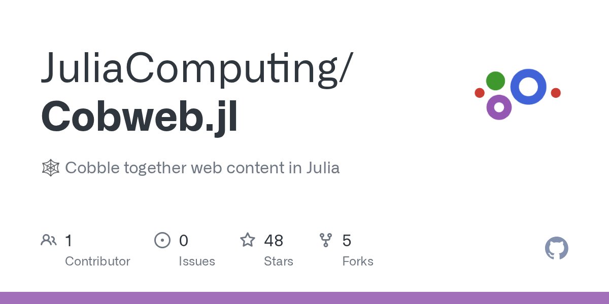 heyjoshday's tweet card. 🕸️ Cobble together web content in Julia. Contribute to JuliaComputing/Cobweb.jl development by creating an account on GitHub.