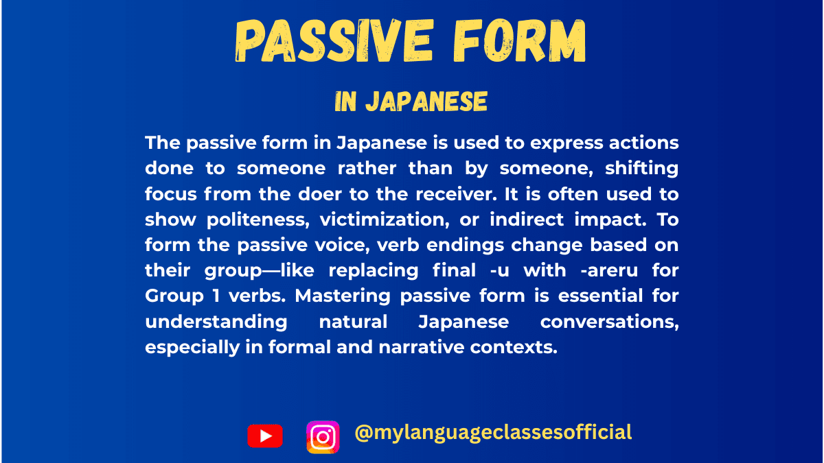 learnwithmlc's tweet card. Master Japanese passive form of verbs with clear rules, real examples, and exercises for natural and fluent usage in daily and formal speech.