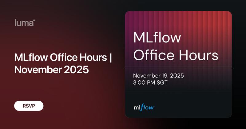 MLflow's tweet card. Join us for the next MLflow Office Hours on Wednesday, November 19, for an open Q&A session with MLflow maintainers and contributors! 🎊 Whether you're…